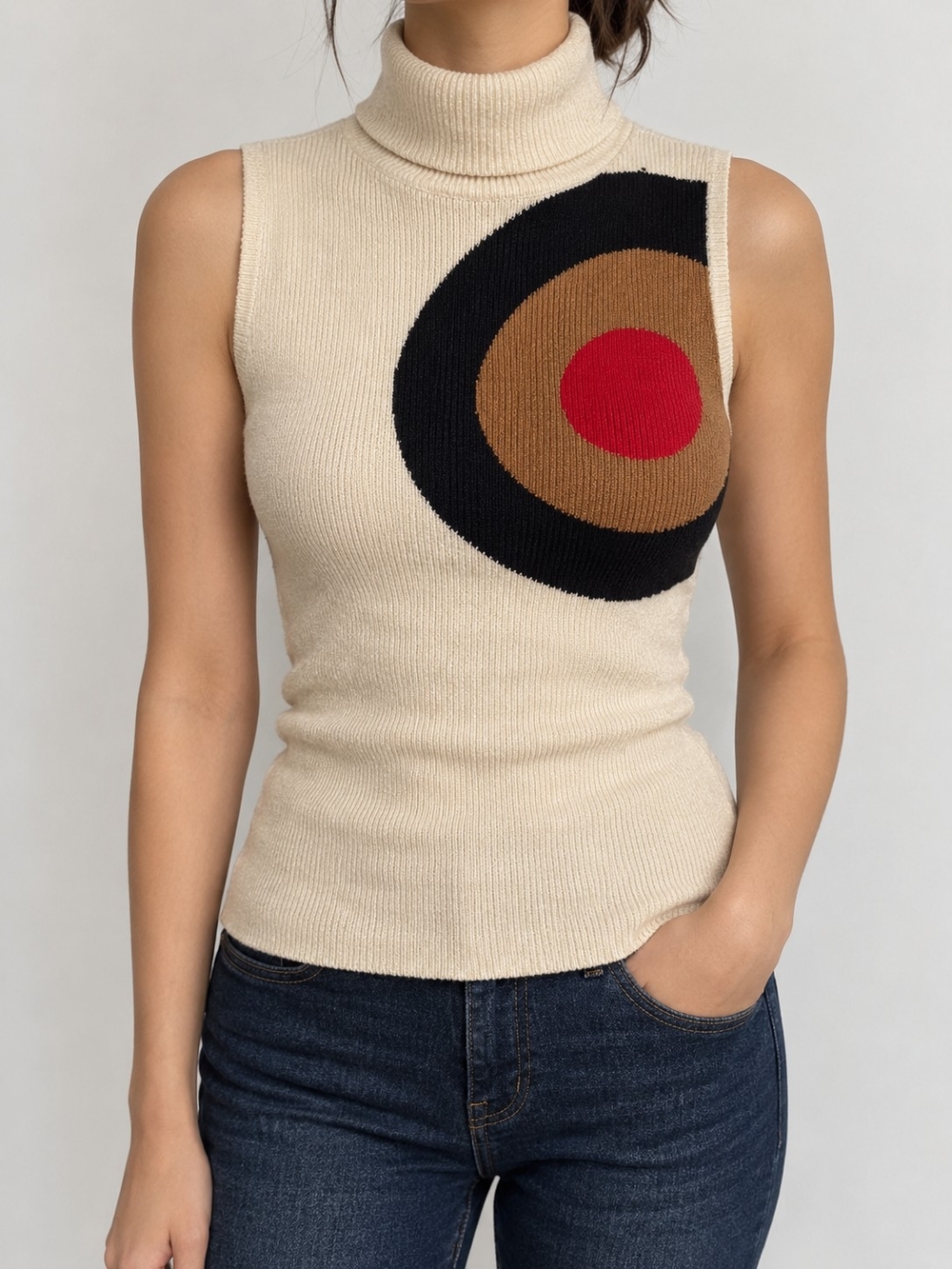 Sleeveless Turtleneck Sweater Tank in Cream with Target Motif